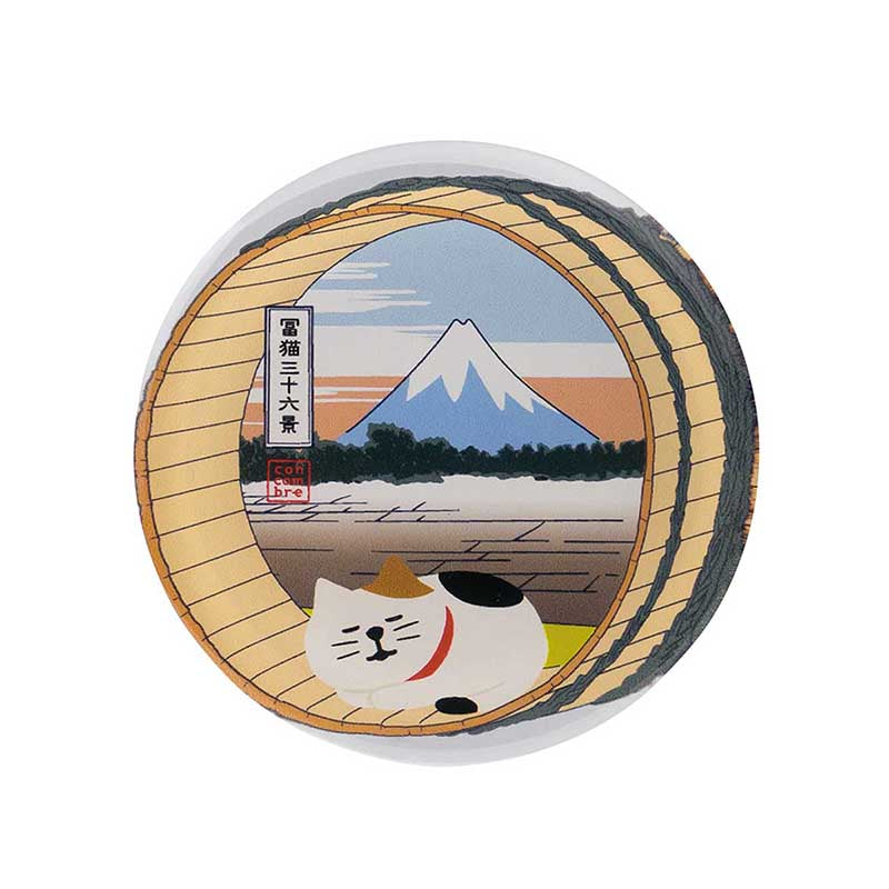 Decole Traveling cat Ukiyo-e Acrylic Magnet - Wooden Barrel and Fuji